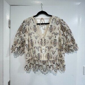 Anthropologie Embroidered Boho Blouse NWT • Scallop Hem Puff Sleeve Top Size XL